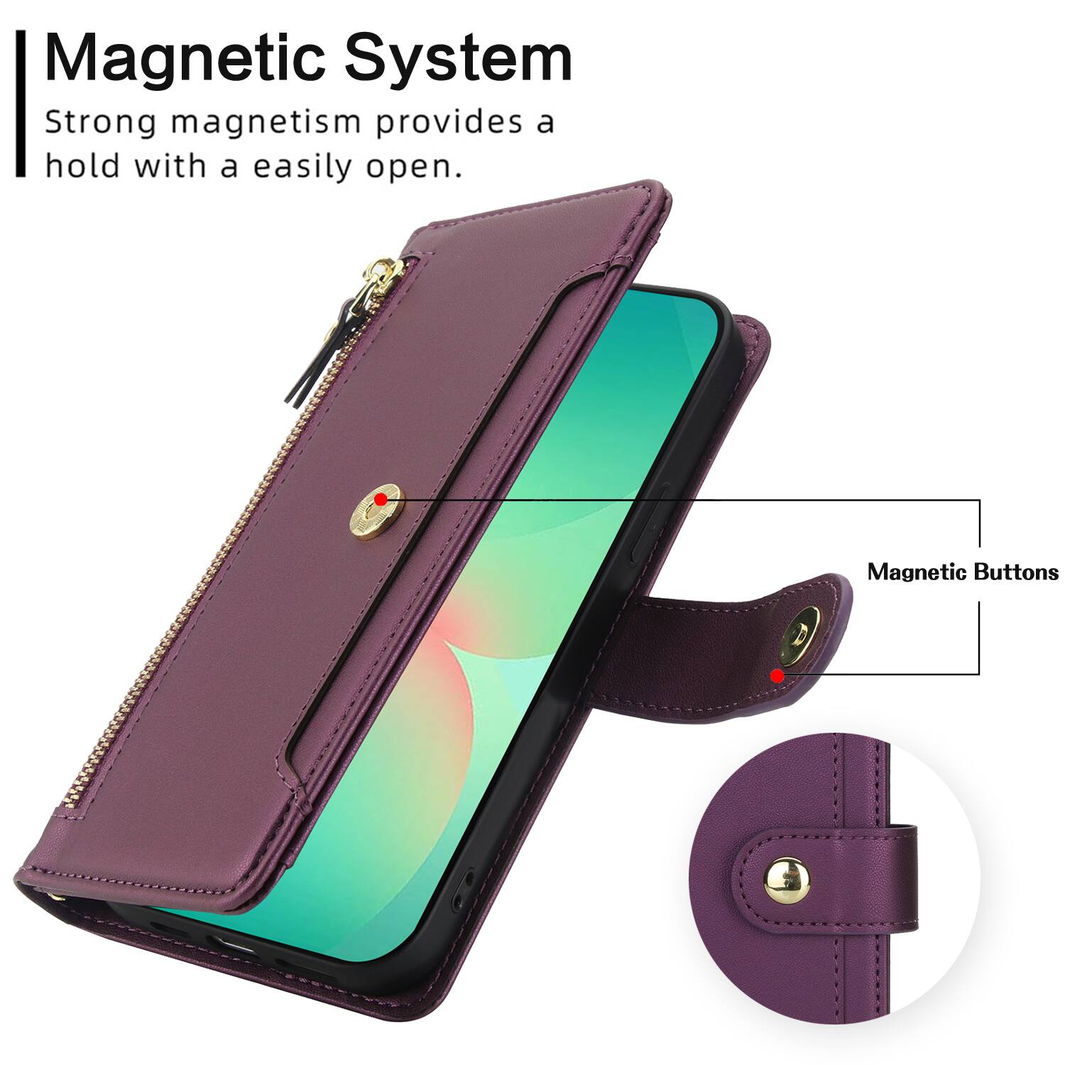 Magnetic System  
Strong magnetism provides a hold with a easily open.  
Magnetic Buttons