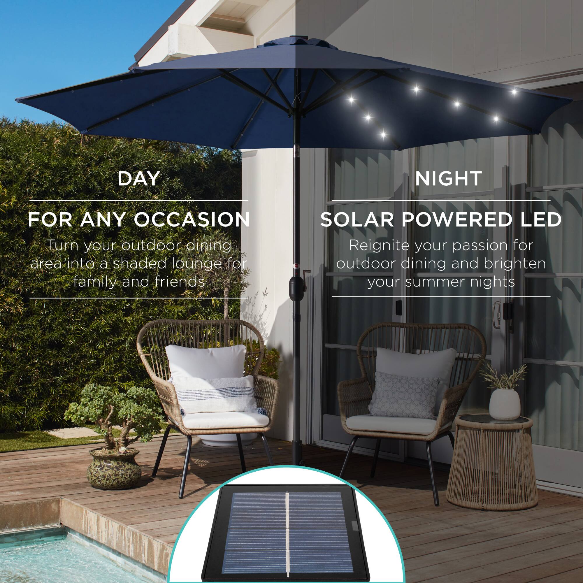 **DAY**

**FOR ANY OCCASION**

Turn your outdoor dining area into a shaded lounge for family and friends

**NIGHT**

**SOLAR POWERED LED**

Reignite your passion for outdoor dining and brighten your summer nights