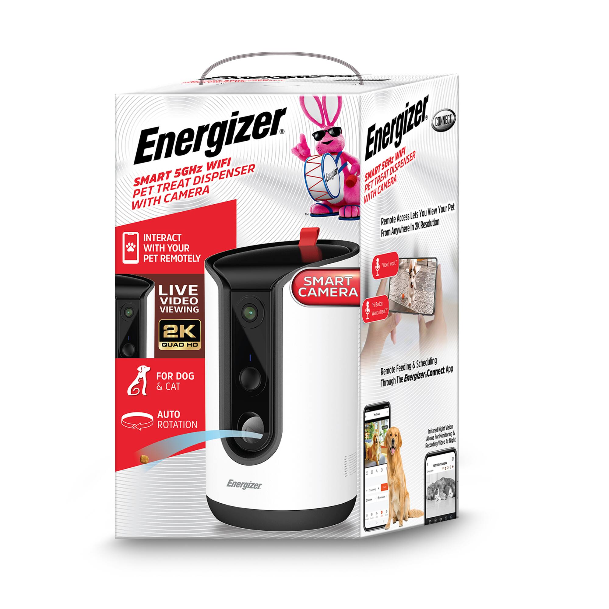 Energizer Smart 5GHz WiFi Pet Treat Dispenser with Camera

- Interact with your pet remotely
- Live video viewing 2K Quad HD
- For dog & cat
- Auto rotation
- Remote feeding & scheduling through the Energizer Connect 4 app
- Remote access to view your pet from anywhere in 2K resolution
- Adjustable night mode for low-light recording
