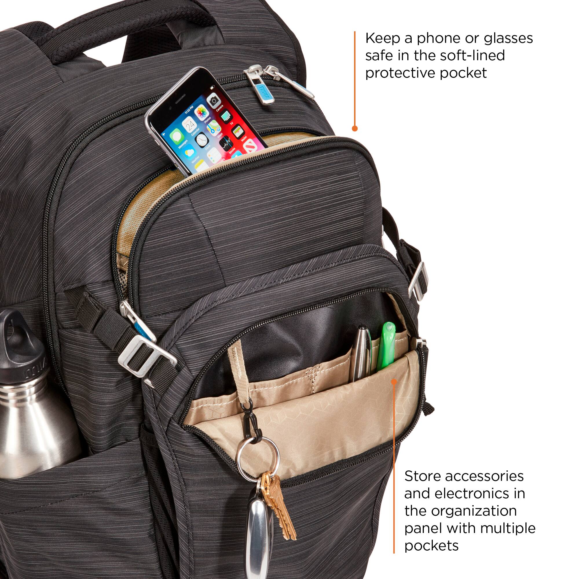 Keep a phone or glasses safe in the soft-lined protective pocket. Store accessories and electronics in the organization panel with multiple pockets.
