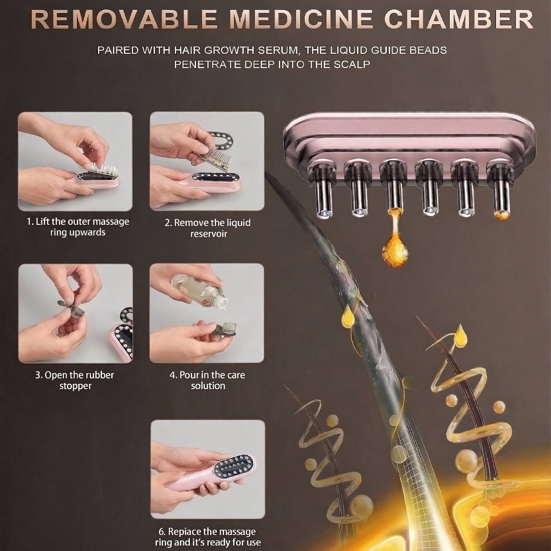 REMOVABLE MEDICINE CHAMBER  
PAIRED WITH HAIR GROWTH SERUM, THE LIQUID GUIDE BEADS PENETRATE DEEP INTO THE SCALP

1. Lift the outer massage ring upwards  
2. Remove the liquid reservoir  
3. Open the rubber stopper  
4. Pour in the care solution  
6. Replace the massage ring and it's ready for use