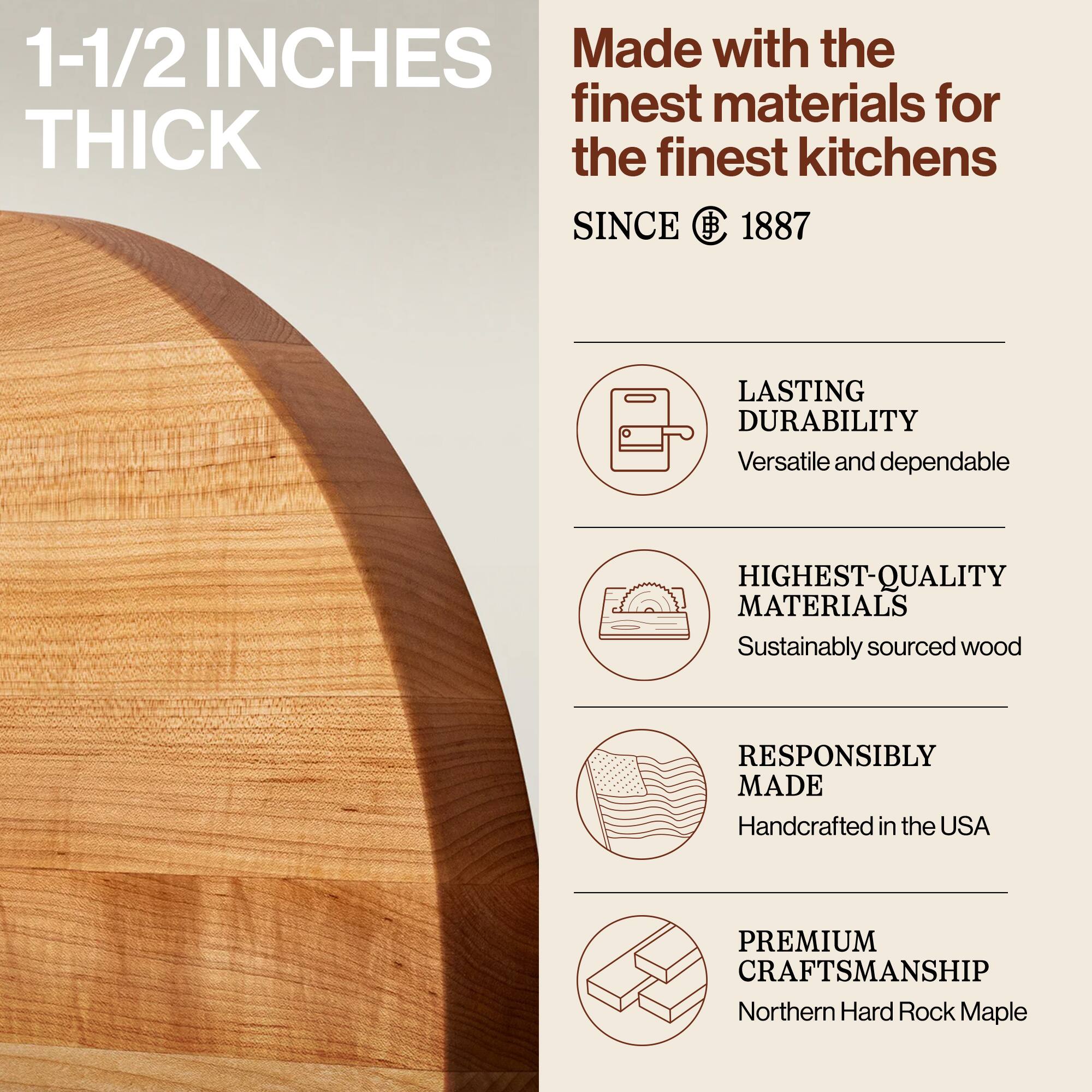 1-1/2 INCHES THICK

Made with the finest materials for the finest kitchens SINCE 1887

LASTING DURABILITY
Versatile and dependable

HIGHEST-QUALITY MATERIALS
Sustainably sourced wood

RESPONSIBLY MADE
Handcrafted in the USA

PREMIUM CRAFTSMANSHIP
Northern Hard Rock Maple