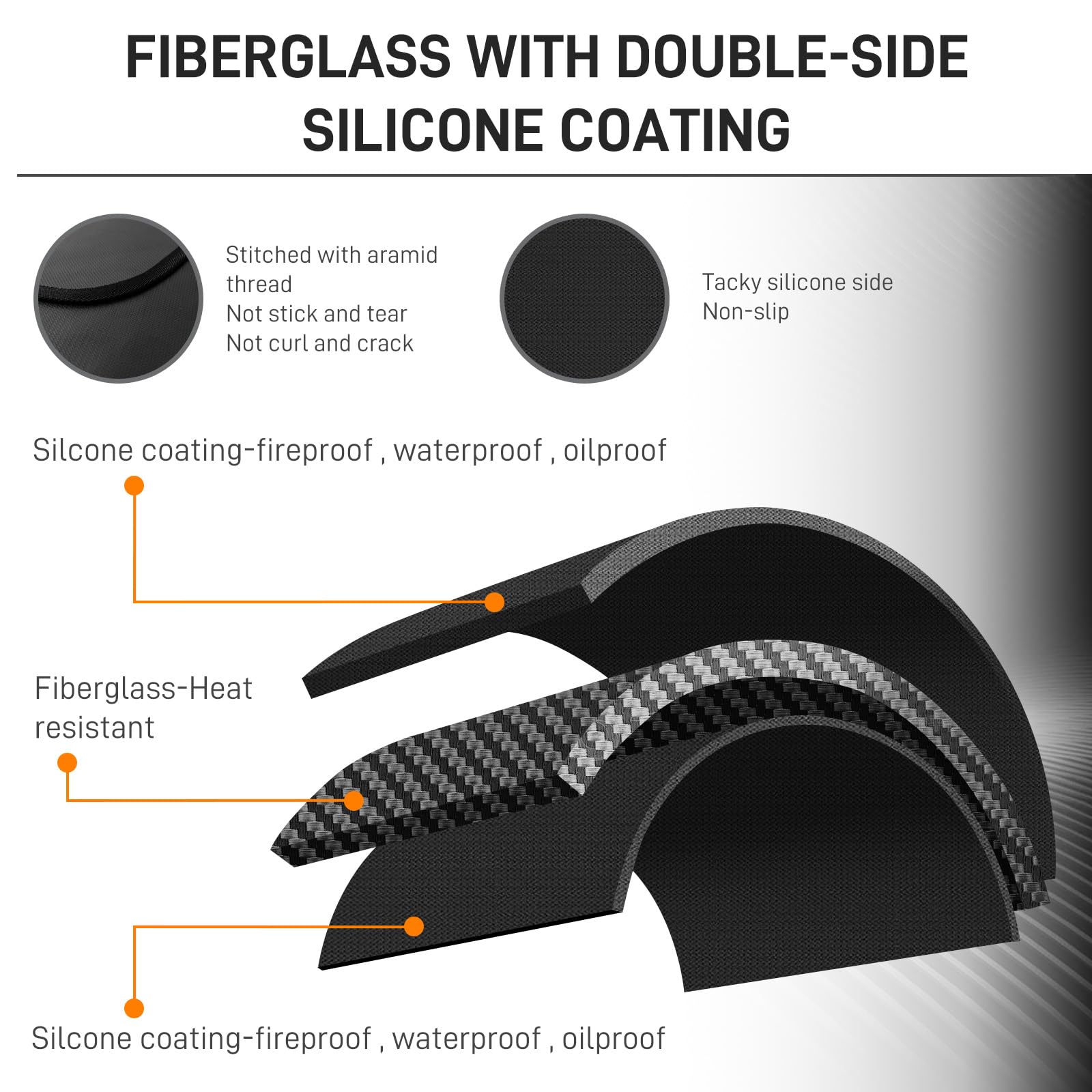 FIBERGLASS WITH DOUBLE-SIDE SILICONE COATING

- Stitched with aramid thread
- Not stick and tear
- Not curl and crack

- Tacky silicone side
- Non-slip

- Silicone coating-fireproof, waterproof, oilproof

- Fiberglass-Heat resistant

- Silicone coating-fireproof, waterproof, oilproof