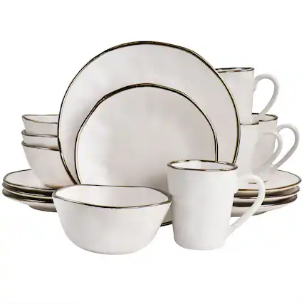 Front. Elama - Elama Modern 16 Piece Stoneware Dinnerware Set in Matte White with Gold Rim - White and Gold.