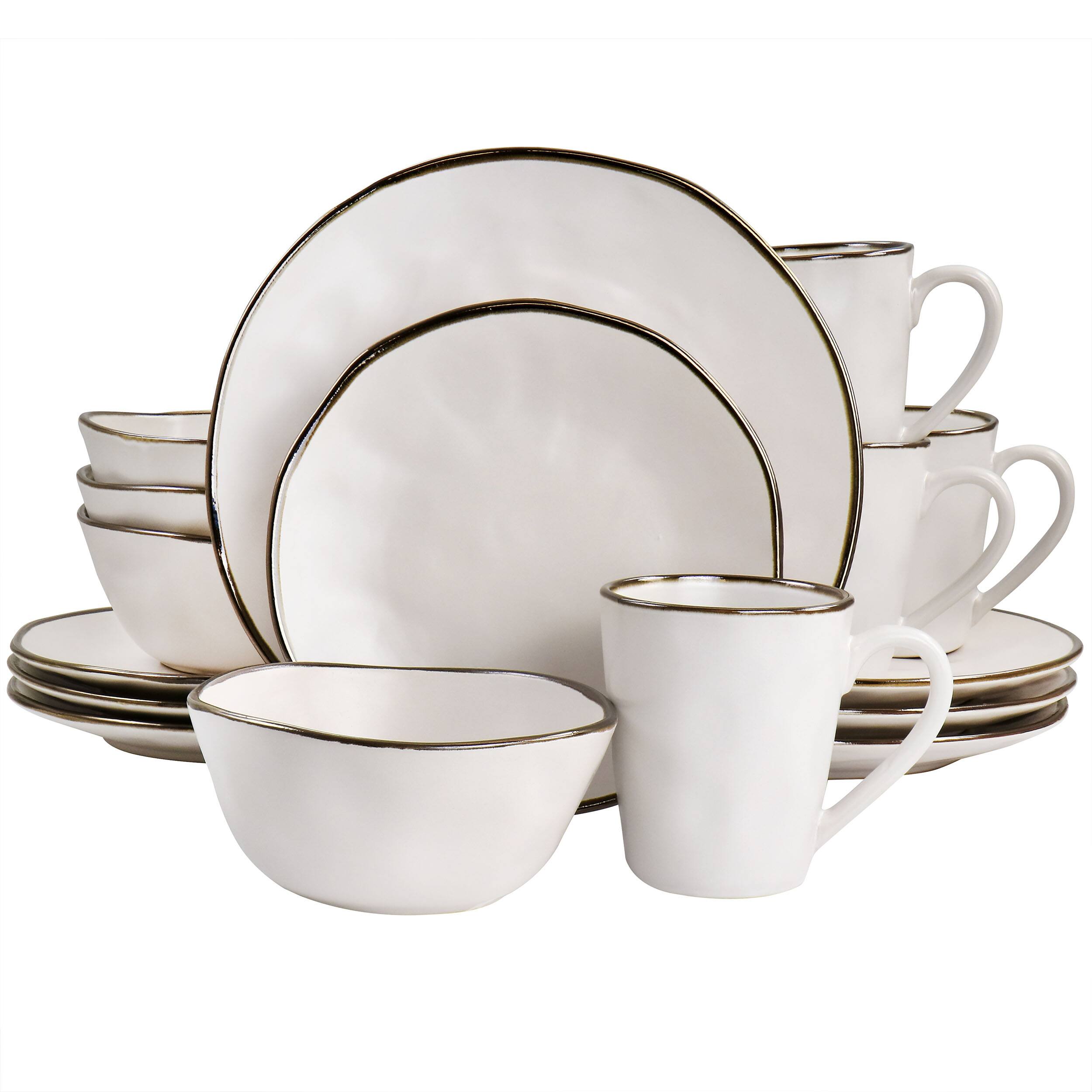 Elama - Modern 16 Piece Stoneware Dinnerware Set in Matte White with Gold Rim - White and Gold