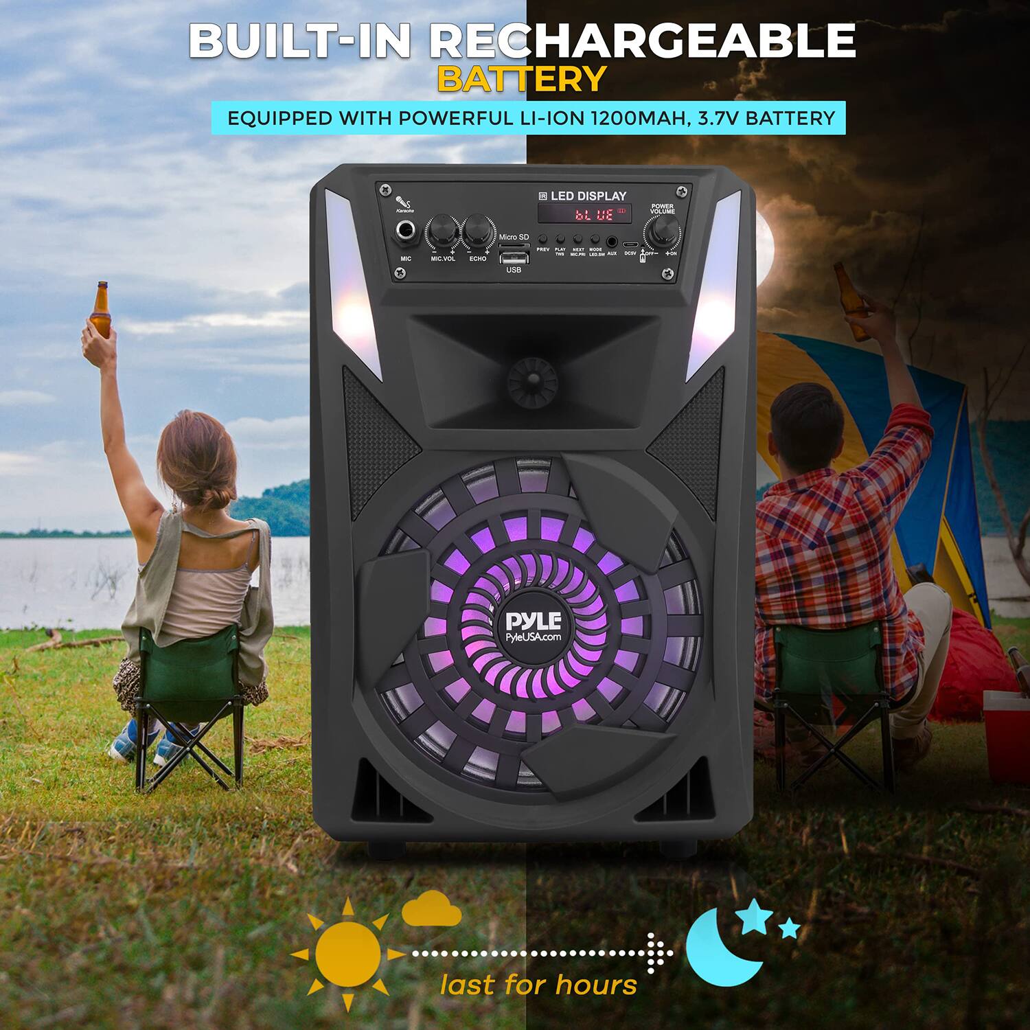 BUILT-IN RECHARGEABLE BATTERY  
EQUIPPED WITH POWERFUL LI-ION 1200MAH, 3.7V BATTERY  

LED DISPLAY  

last for hours  

PYLE  
PYLEUSA.com