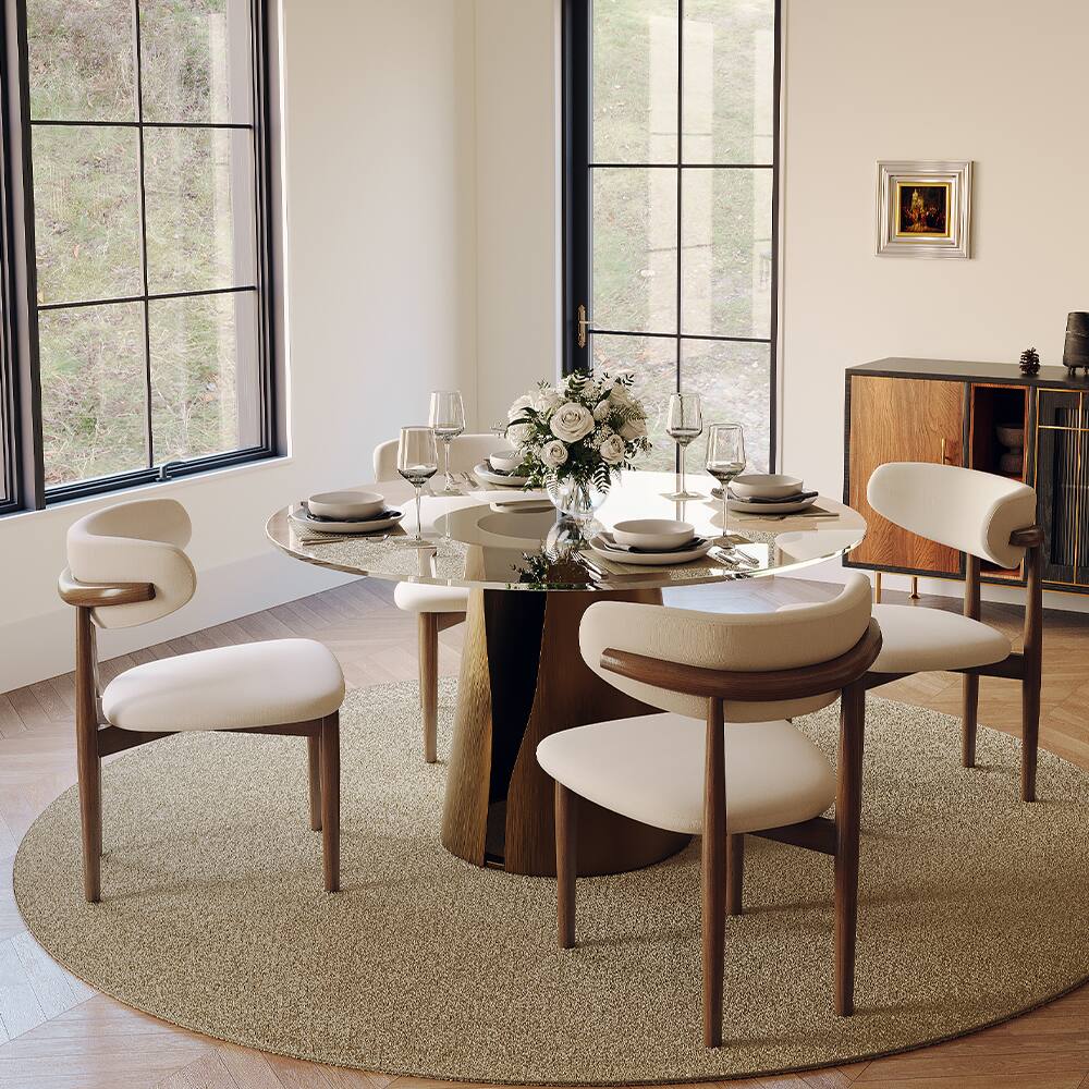 Left. POVISON - 47.24" Modern Luxury Round Glass Dining Table for 4, Tempered Glass Circle Dining Room Table for Kitchen, Bronze Base - Transparent & Bronze.