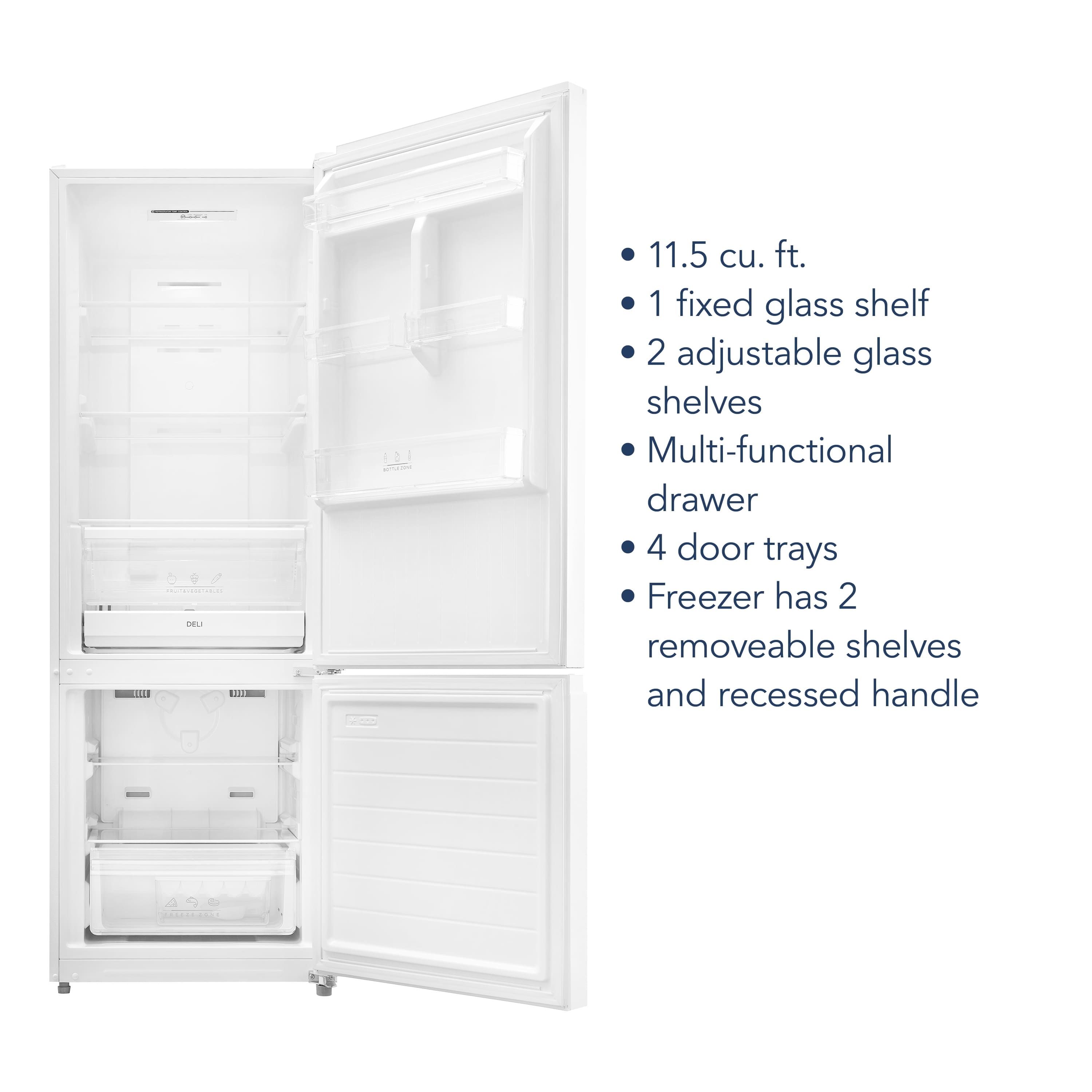 The text on the image reads: "I Beu 11.5 cu. ft. 1 fixed glass shelf 2 adjustable glass shelves Multi-functional drawer 4 door trays Freezer has 2 removeable shelves and recessed handle."