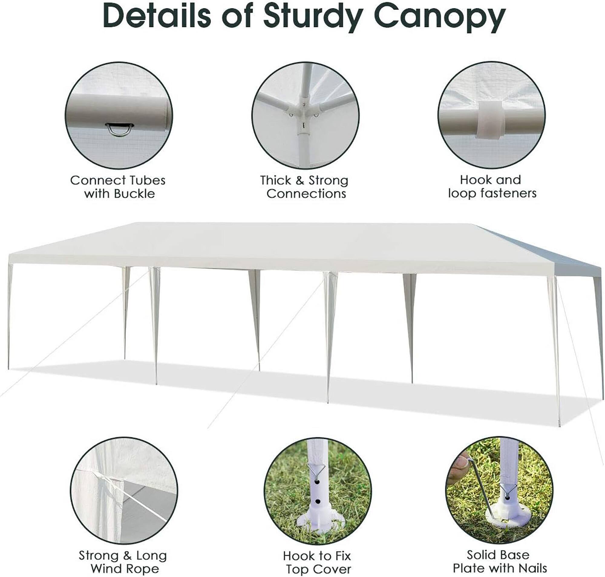 Details of Sturdy Canopy:
- Connect Tubes with Buckle
- Thick & Strong Connections
- Hook and Loop Fasteners
- Strong & Long Wind Rope
- Hook to Fix Top Cover
- Solid Base Plate with Nails