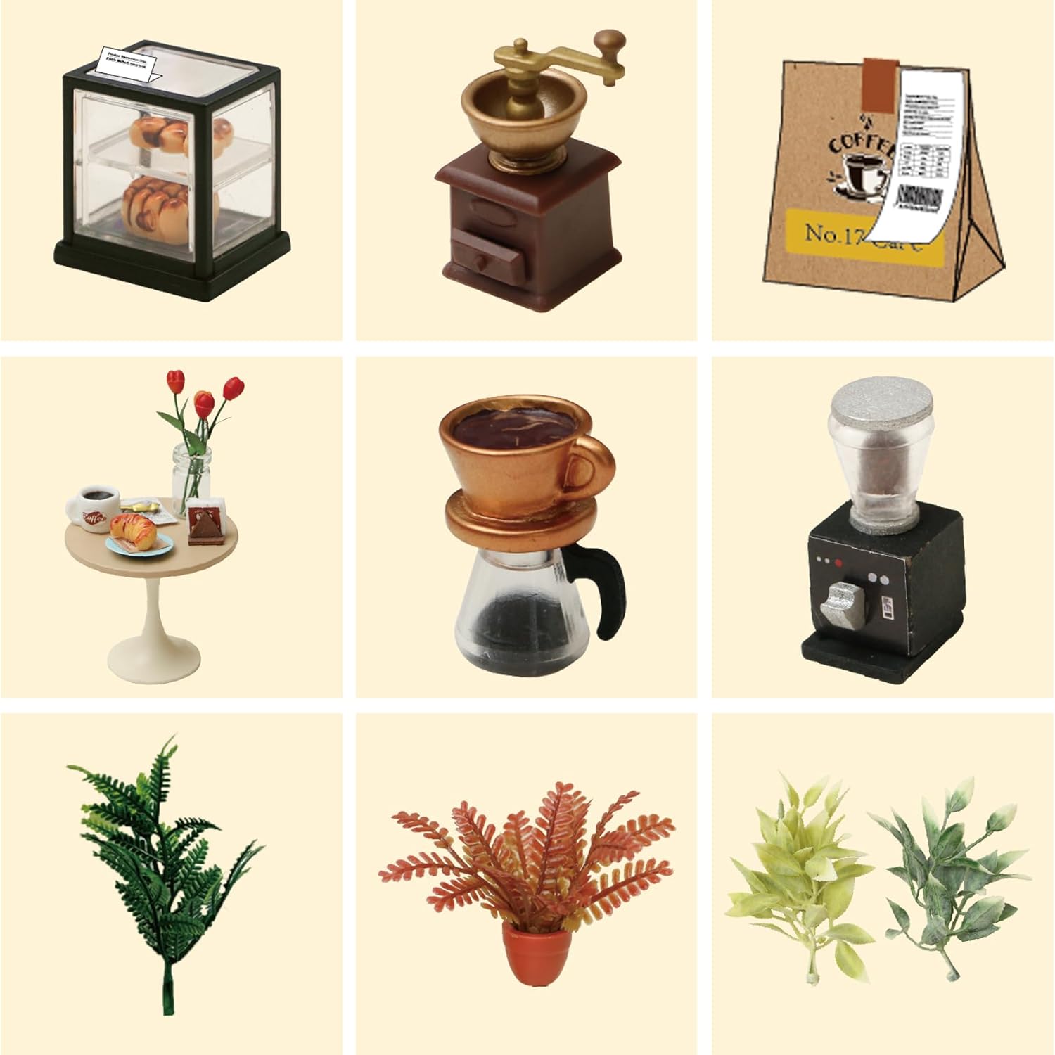 COFFEE No.17

- Coffee beans in a glass display case
- A vintage coffee grinder
- Coffee packaging labeled "COFFEE No.17"
- A small table with a coffee cup, sugar packet, and tulips
- A coffee pot with a cup of coffee
- A modern coffee grinder
- A green fern plant
- A potted plant with reddish leaves
- A small plant with green leaves