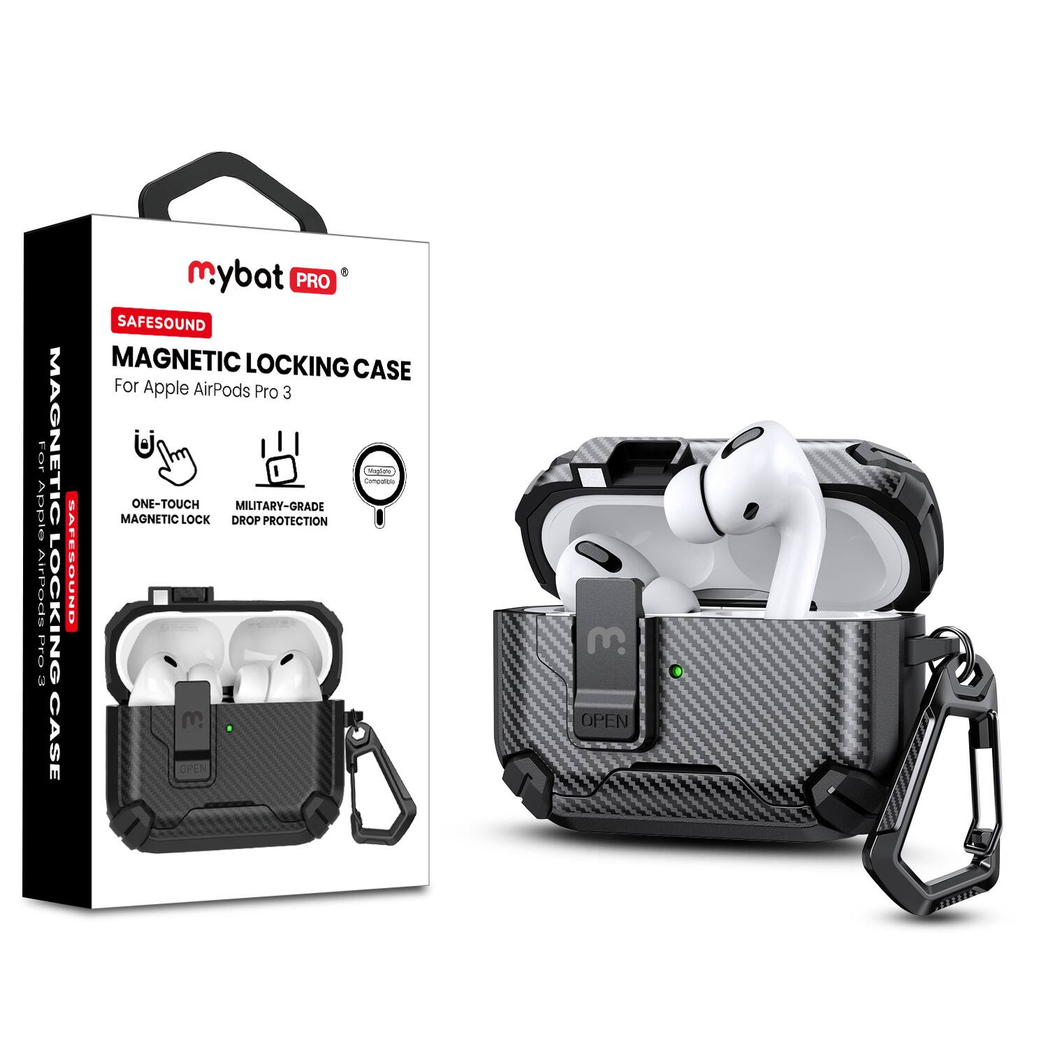 mybat PRO  
SAFESOUND  
MAGNETIC LOCKING CASE  
For Apple AirPods Pro 3  

ONE-TOUCH MAGNETIC LOCK  
MILITARY-GRADE DROP PROTECTION  

FREELOCKING CASE