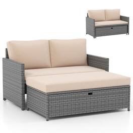 Costway - 2 PCS Patio Loveseat with 31 Gal Multifunctional Storage Ottoman and Soft Cushions - Mix Gray,Brown