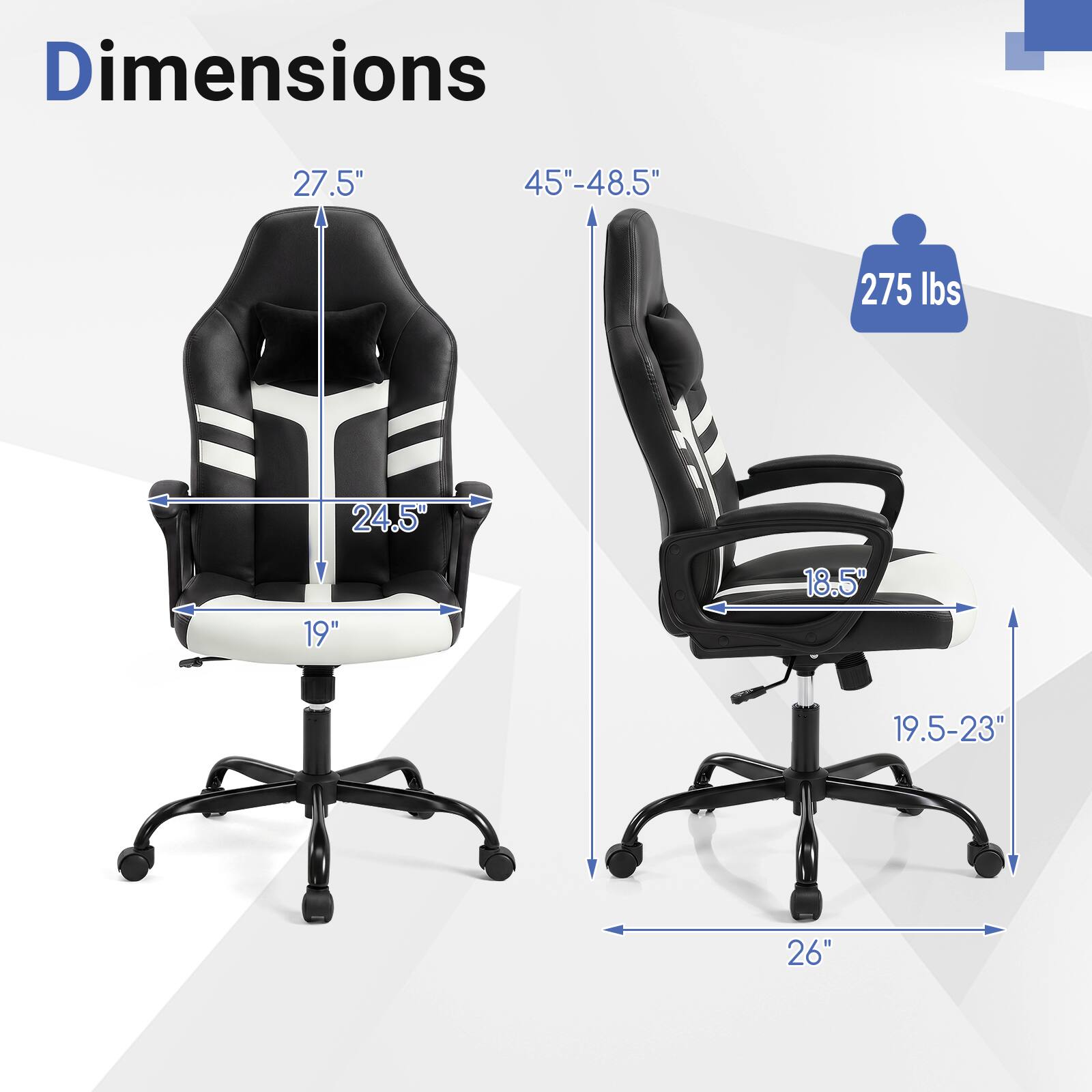 Dimensions: 27.5" x 45"-48.5" x 275 lbs, 24.5" x 19" x 18.5" x 19.5-23" x 26"