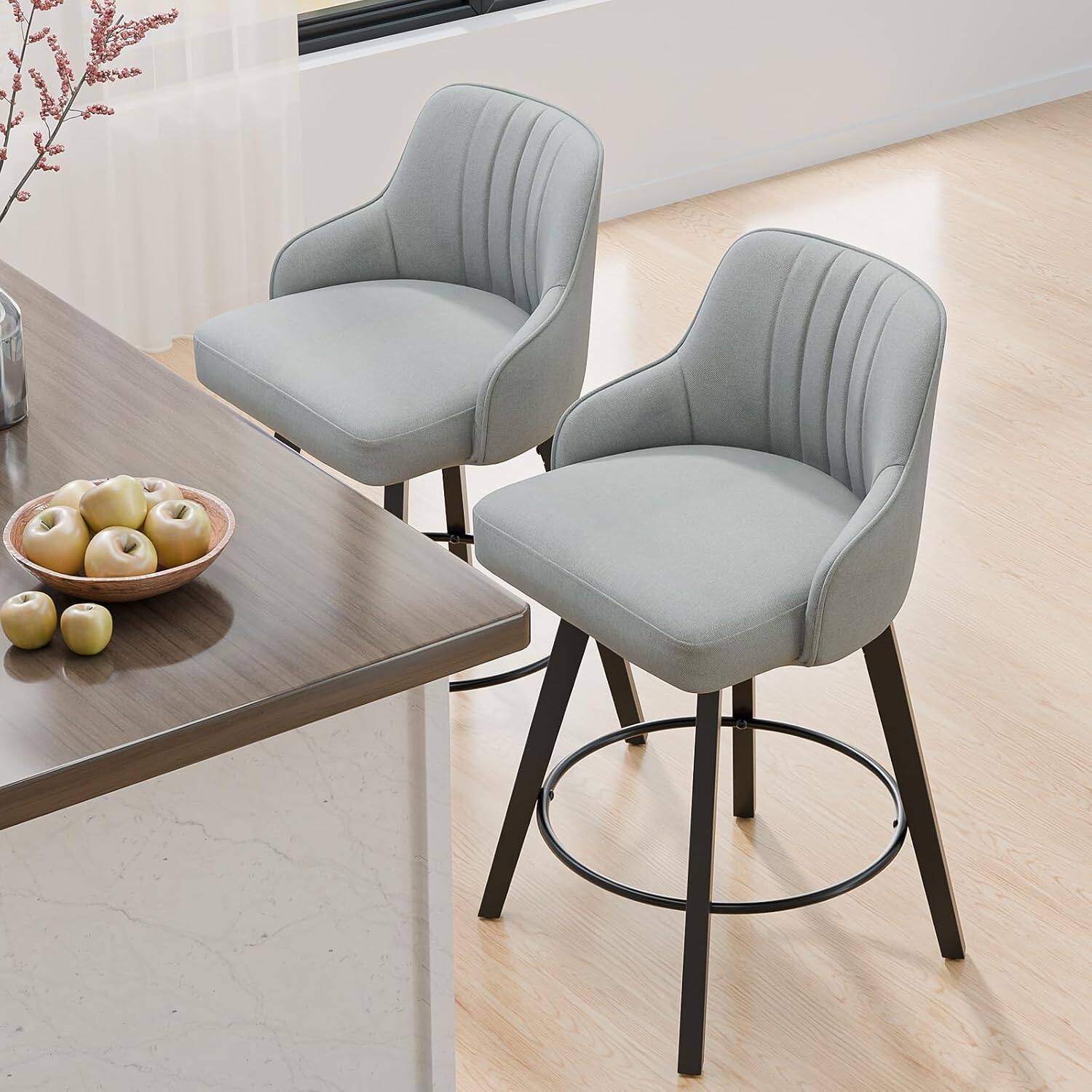 Alt View 4. Winado - 26" H Swivel Barstools Counter Height Bar Stool Modern Counter Stool with Back Kitchen High Chairs Solid Wood Legs - Grey Fabric-Set of 3.