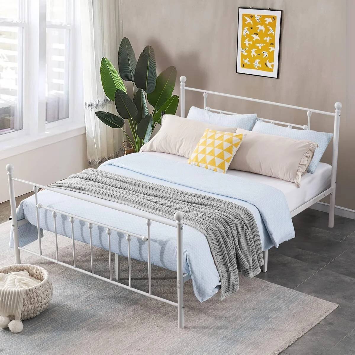 Left. SlickBlue - Vintage Metal Platform Bed Frame with Headboard and Footboard - White.