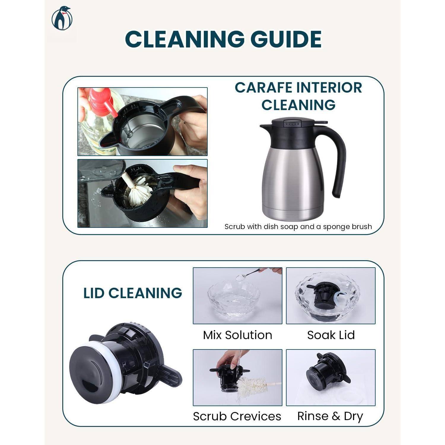 **CLEANING GUIDE**

**CARAFE INTERIOR CLEANING**  
Scrub with dish soap and a sponge brush

**LID CLEANING**  
Mix Solution  
Soak Lid  
Scrub Crevices  
Rinse & Dry