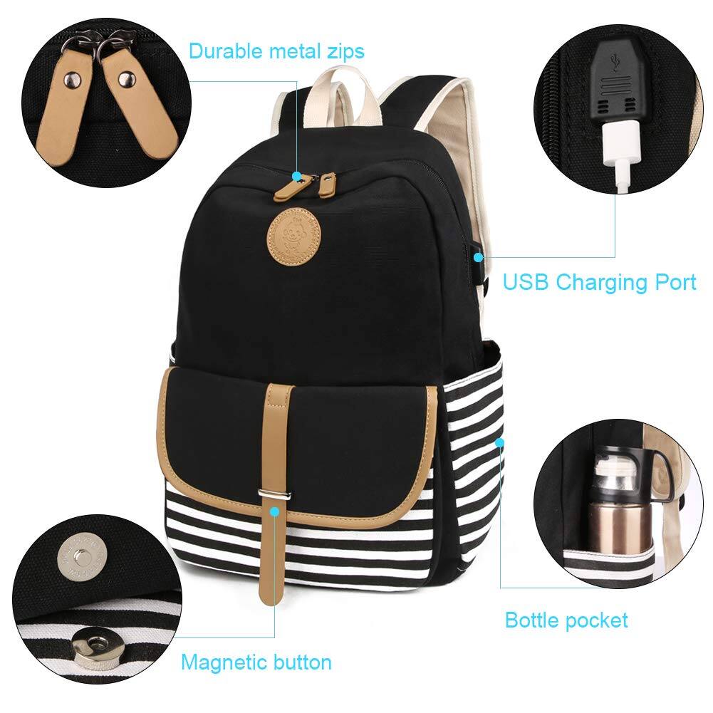 Alt View 1. Stamp n Camp - Backpacks For Women Teen  Big Large Capacity Book Bag With Usb Port Cute Canvas Bookpack  durable Black Stripe Backpack - Black 3 Set.