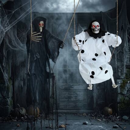 Front. Joyfy - 2 Pack 36" Swinging Skeleton Halloween Decoration – Hanging Floating Skeleton Prop with Robe for Yard, Lawn & Party - Black, White.