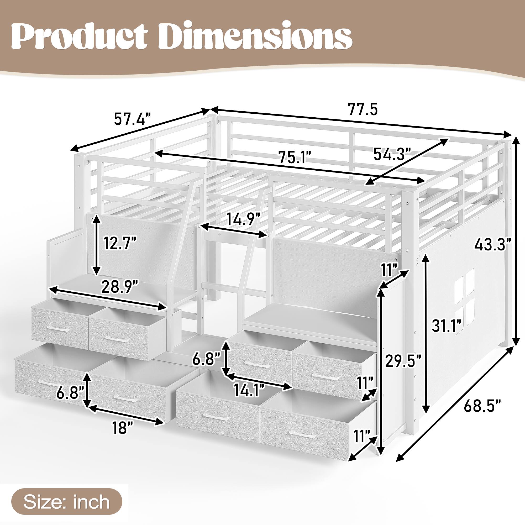 Product Dimensions: 57.4" x 77.5" x 75.1" x 54.3" x 12.7" x 28.9" x 14.9" x 11" x 43.3" x 31.1" x 6.8" x 18" x 6.8" x 14.1" x 29.5" x 11" x 11" x 68.5"  
Size: inch