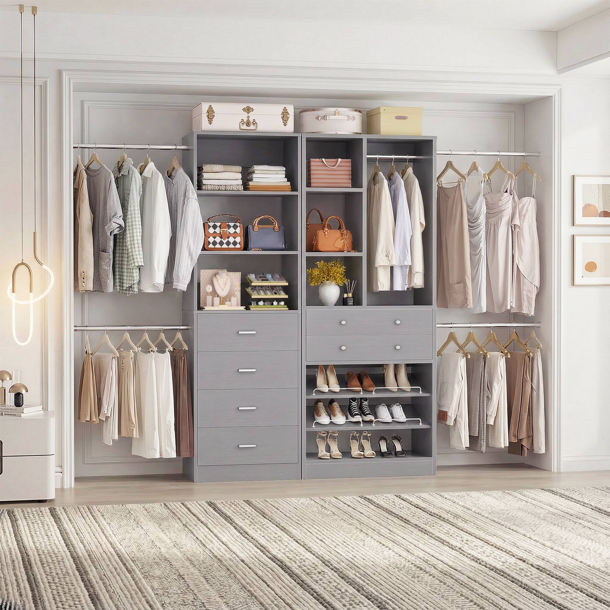 Angle. Aheaplus - 49''-127'' Adjustable Closet Organizer System with 6 Drawers, 4 Hanging Rods, and Shelves - Gray.