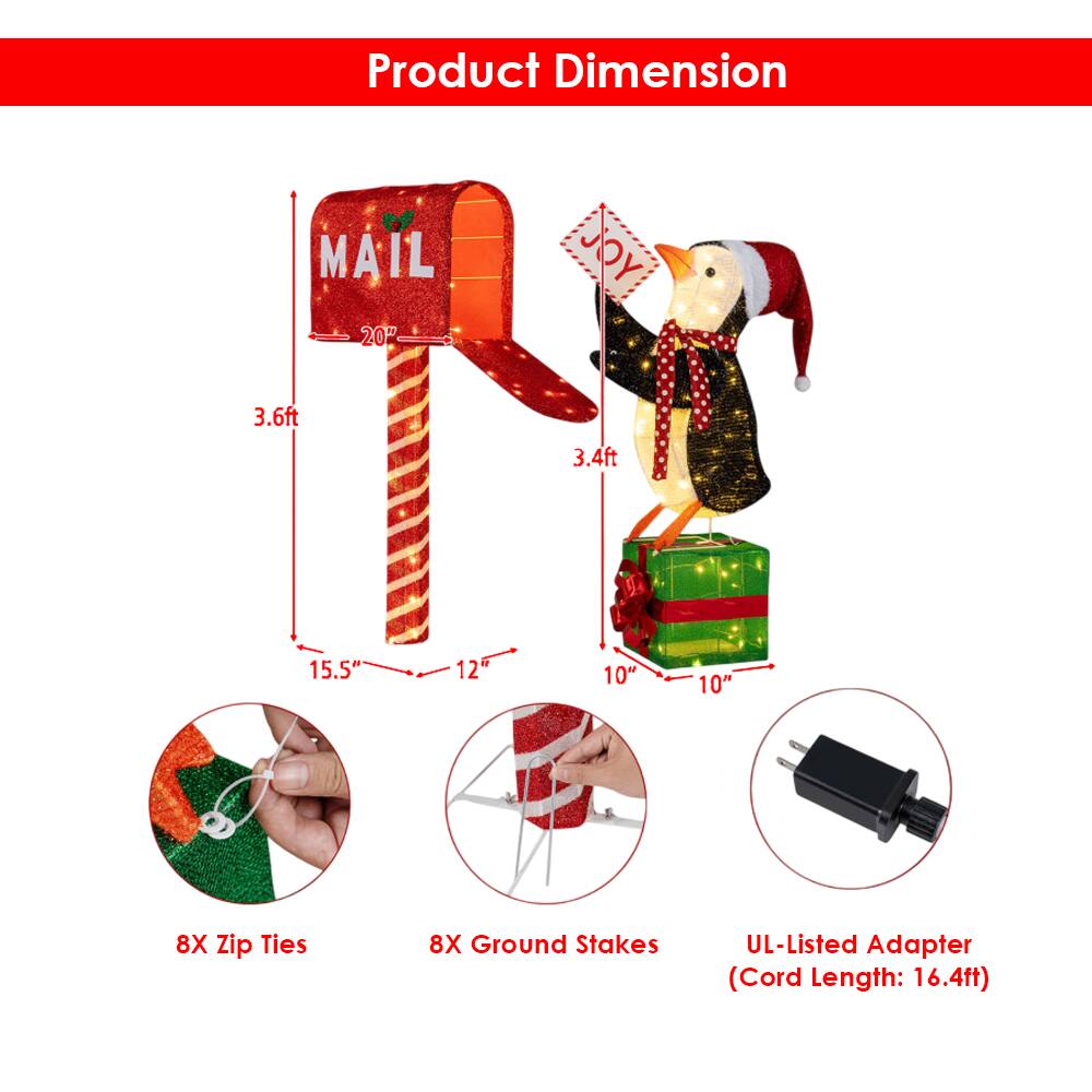 Product Dimension

- MAIL: 20" x 3.6ft
- JOY: 3.4ft
- 8X Zip Ties
- 8X Ground Stakes
- UL-Listed Adapter (Cord Length: 16.4ft)

Dimensions:
- MAIL: 15.5" x 12"
- JOY: 10" x 10"