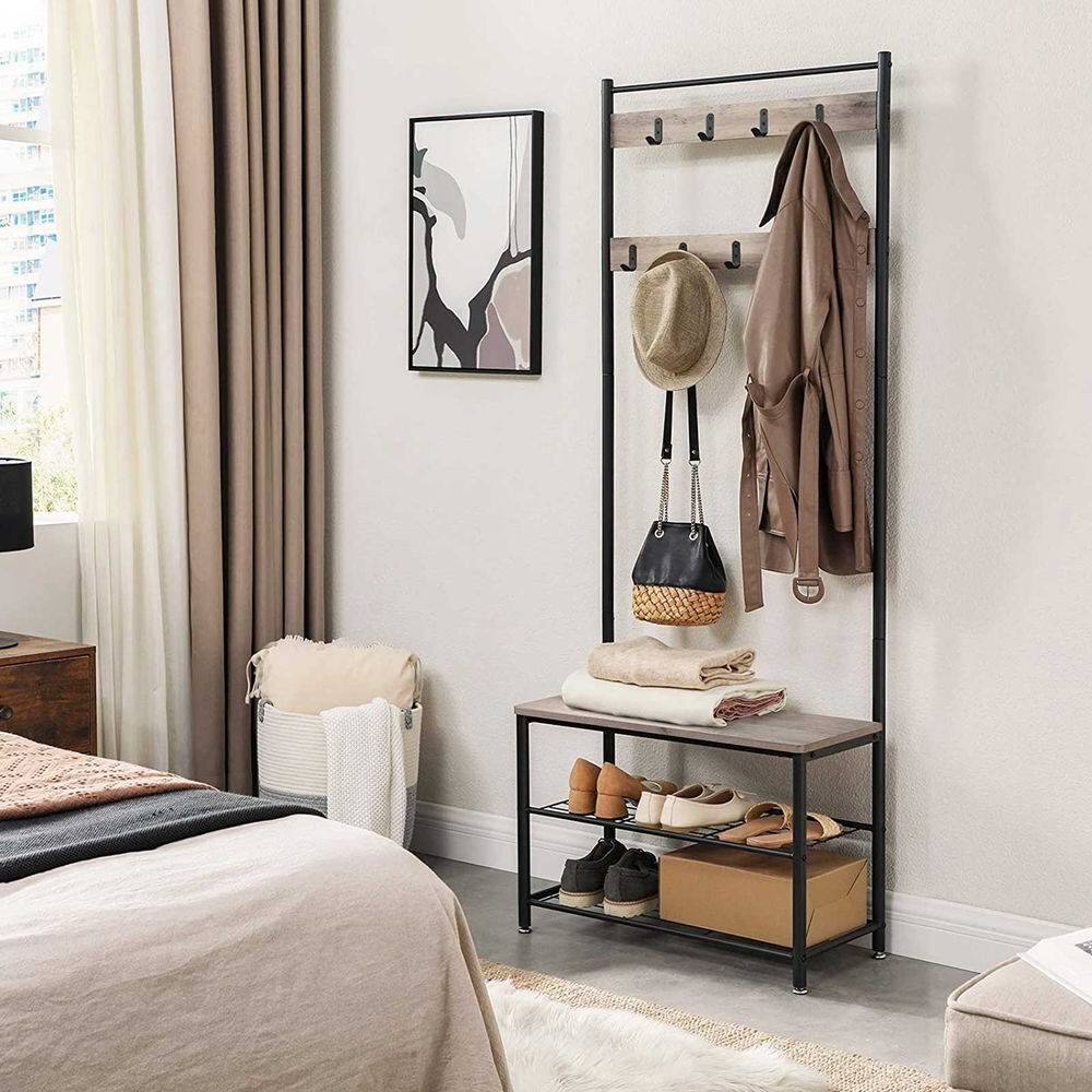 Left. Hivvago - Hivvago Modern Industrial Black Grey Entryway Coat Rack Shoe Bench with 2 Shelves - Greige, Black.