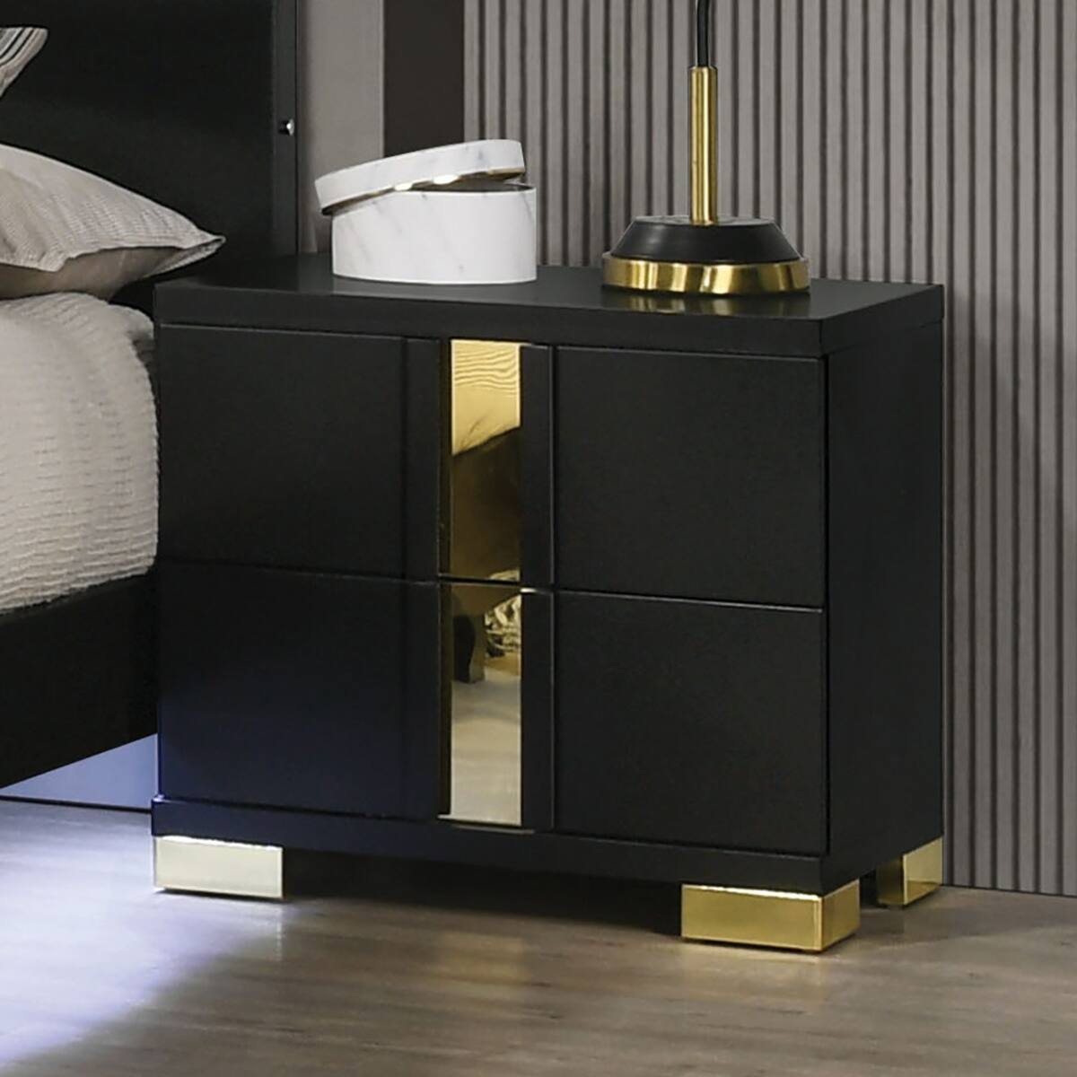 Left. Loheer - Loheer Black and Gold Nightstand with Two Drawers and Metal Legs - Black.