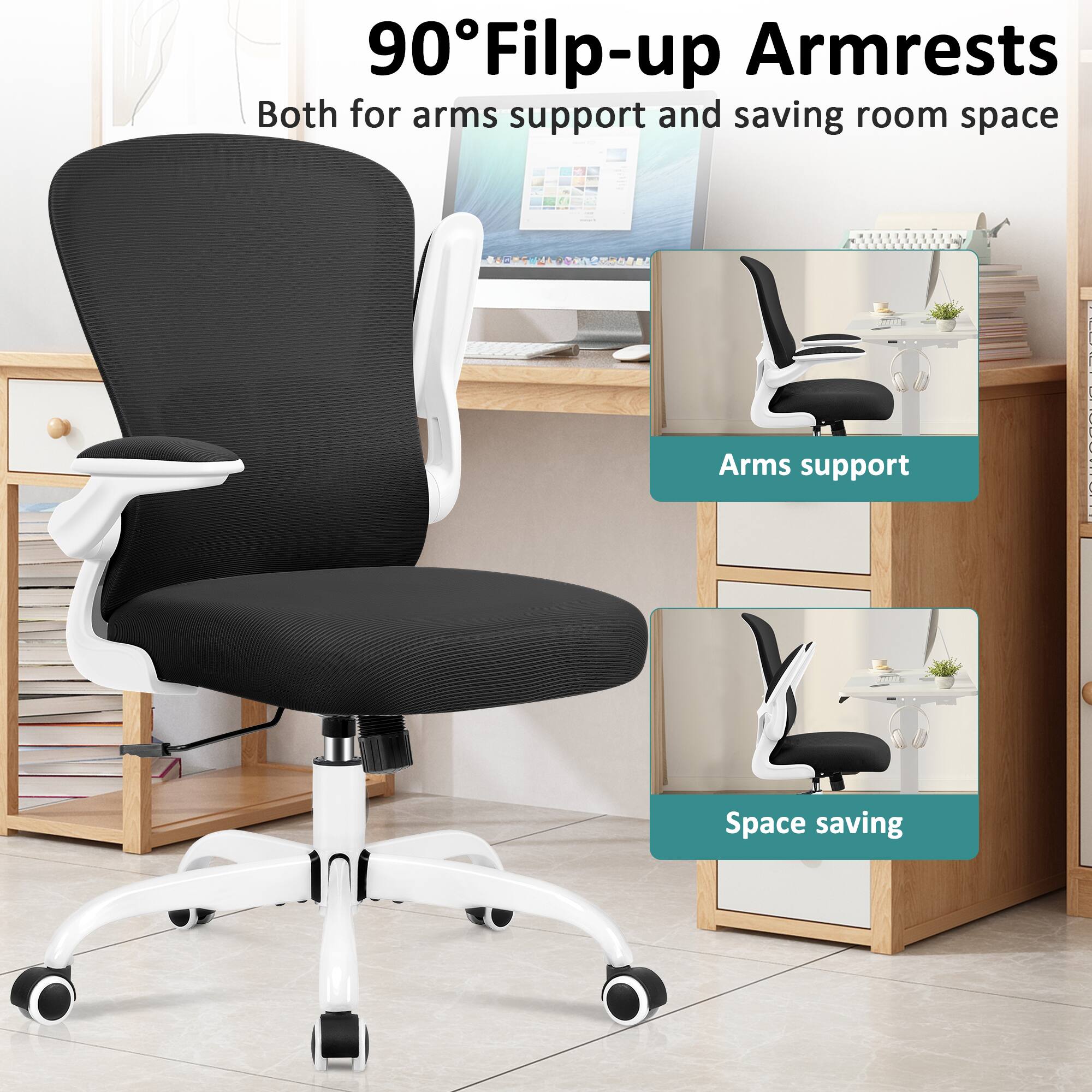 90° Flip-up Armrests  
Both for arms support and saving room space  
Arms support  
Space saving