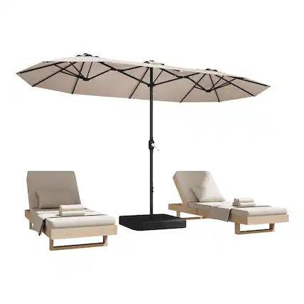 Front. GlowWise - 15ft Beige Rectangular Patio Umbrella - Double-Sided, Crank Handle, for Pool/Deck/Garden/Beach. Includes Base. - Beige.