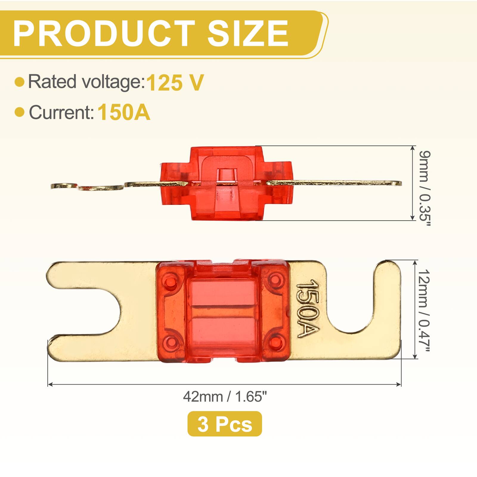 PRODUCT SIZE

- Rated voltage: 125 V
- Current: 150A

9mm / 0.35"
12mm / 0.47"
42mm / 1.65"

3 Pcs