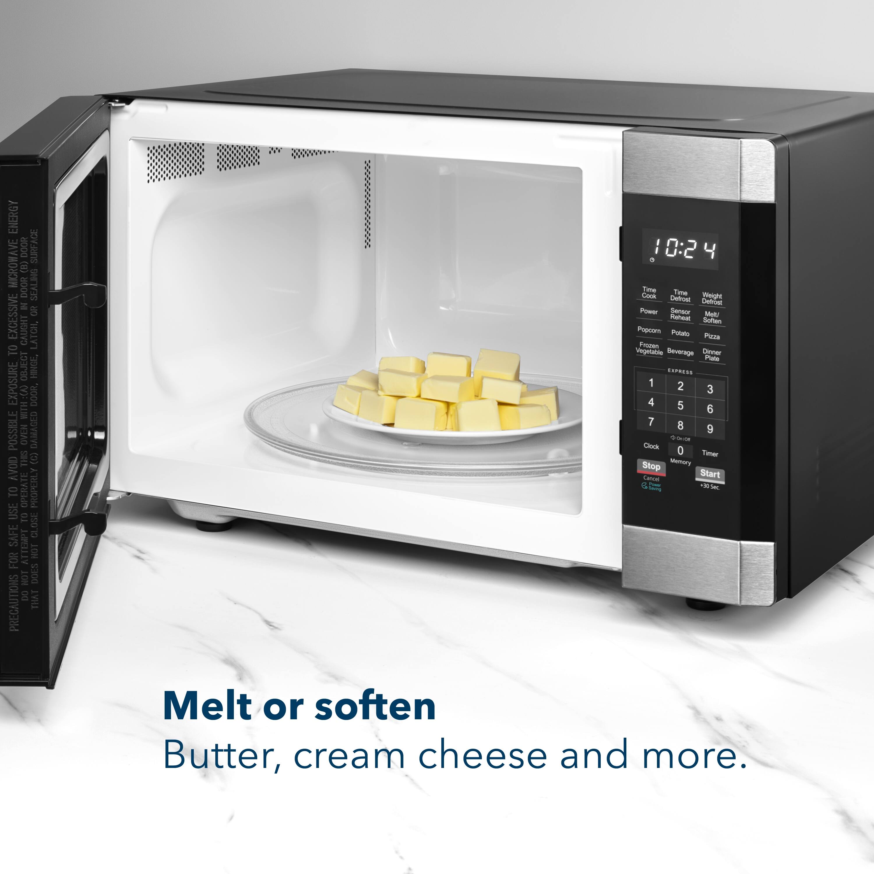 The text on the image is grouped and corrected as follows:

ENERGY DOOR SURFACE MICROWAVE DOOR SEAL:

1. Excessive heat to object can cause damage or exposure to harmful substances.
2. Use microwave-safe containers or lids to prevent damage.
3. Do not use metal objects in the microwave.
4. Do not use aluminum foil or containers with metallic parts.
5. Do not use containers that are not microwave-safe.
6. Do not use containers that are too large or too small.
7. Do not use containers that are not microwave-safe.
8. Do not use containers that are too large or too small.
9. Do not use containers that are not microwave-safe.
10. Do not use containers that are too large or too small.

Melt or soften Butter, cream cheese and more.