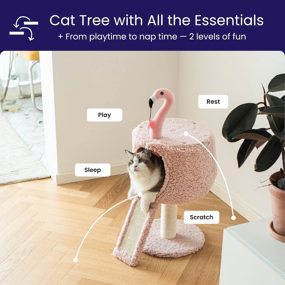 Cat Tree with All the Essentials  
+ From playtime to nap time – 2 levels of fun  

Play  
Rest  
Sleep  
Scratch
