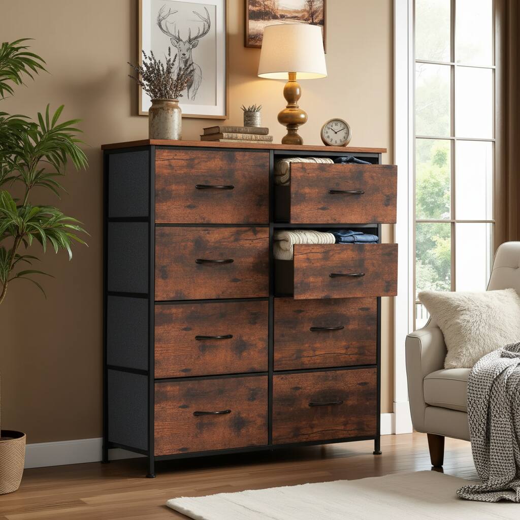 Angle. AOITUN - Large Bedroom Dresser for Daily Use, Rustic 8-Drawer Wood Storage Tower, Wide Organizer for Clothes - Steel.