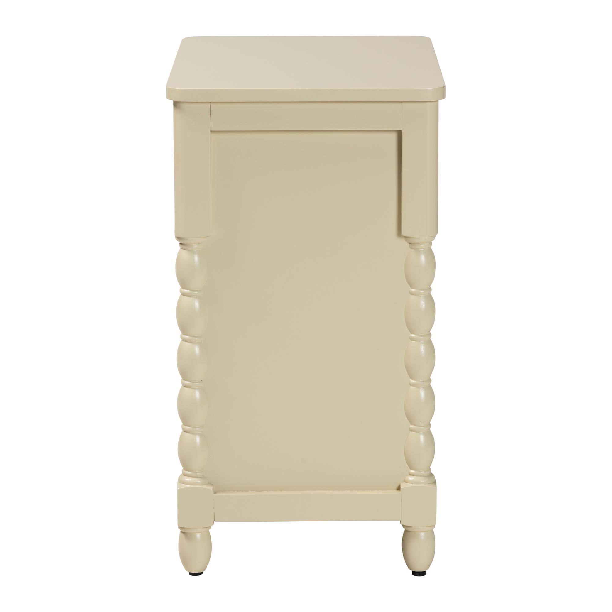 Back. bali & pari - Kyla Nightstand with Spindle Legs - 3-Drawer Bedside Table with Turned Detailing and Inset Paneling - Beige.