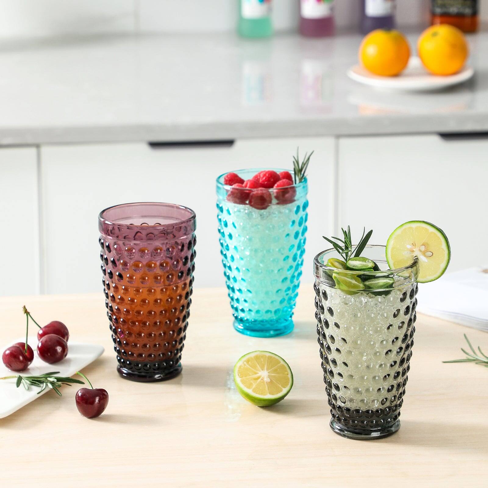Angle. BreeBe - Hobnail Colorful Iced Beverage Drinking Glass 13oz Set of 6 - Multi.