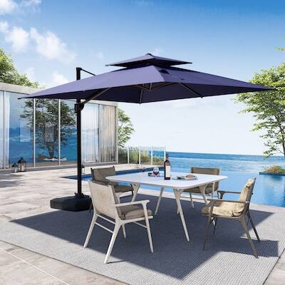 Alt View 8. Crestlive Products - Crestlive Products 11x11ft Aluminum Double Top Crank Cantilever Patio Umbrella with Base - Navy blue.
