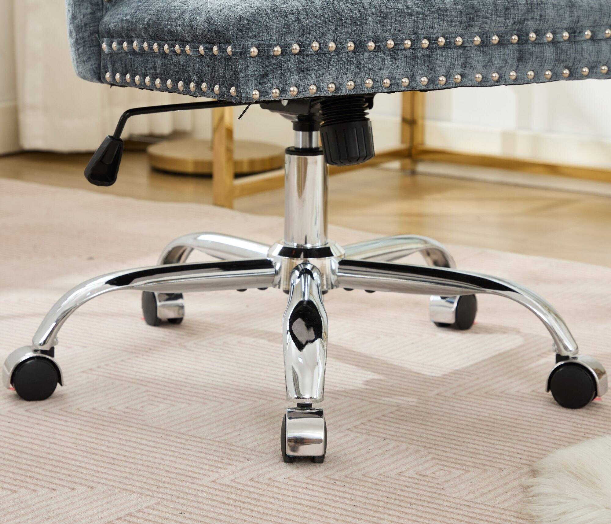 Alt View 5. Trinkets Crazed - Home Office Chair with Wheels & Silver Base,Chenille Fabric Makeup Vanity Chair with Tufted Back, Swivel Desk Chair - Light Blue.