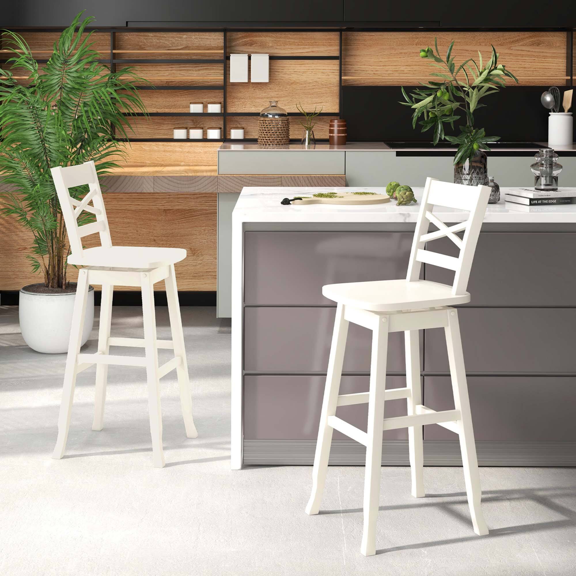 Alt View 3. Costway - 2 PCS 30" Bar Height Stool Rubber Wood Swivel Bar Stool with Inclined Backrest Cream - White.