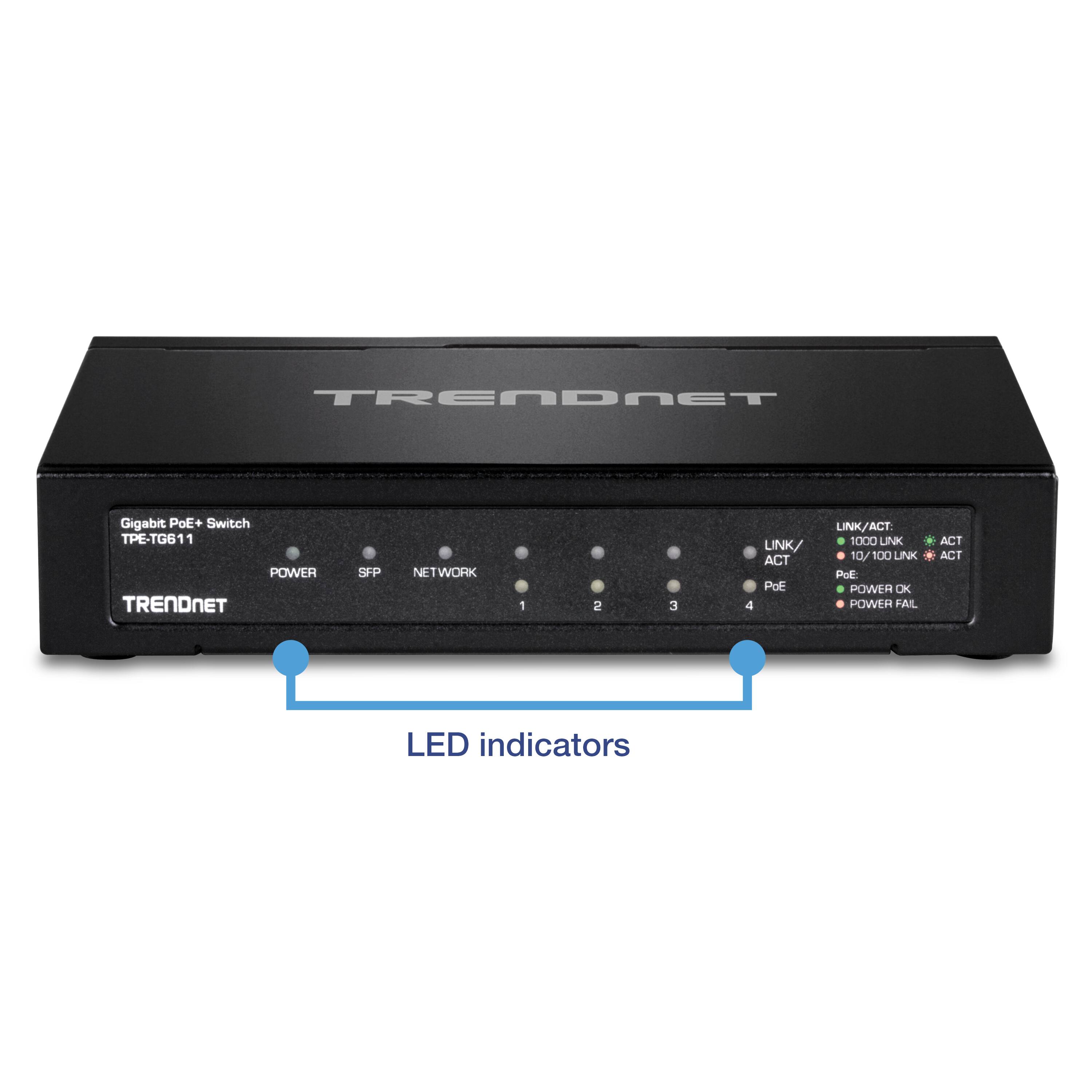 TRENDNET Gigabit PoE+ Switch TPE-TG611

1. POWER
2. SFP
3. NETWORK
4. LINK/ACT
5. 10/100 LINK
6. ACT
7. PoE
8. POWER OK
9. POWER FAIL

LED indicators