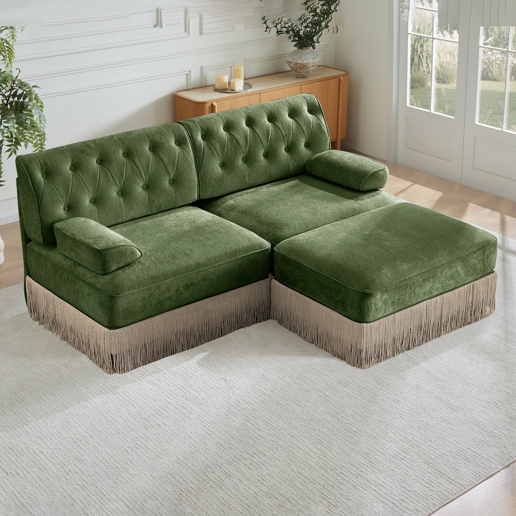Anysun - L-Shape Velvet Chesterfield Sofa - Tassel Skirt, Curved Armrests, Wood Base, Easy Assembly for Living Room & Bedroom - Green