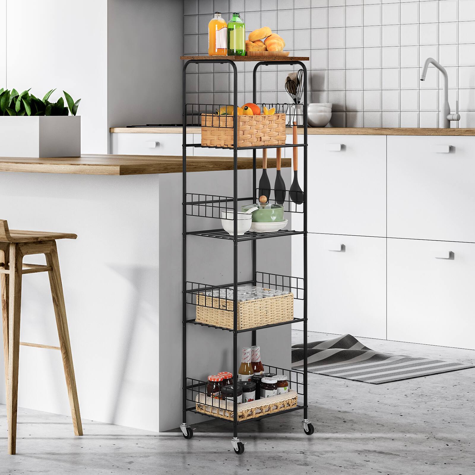 Alt View 3. Oumilen - 5-Tier Wire Storage Shelf with Wood Top, Black Metal Frame & Accessories， Brown - Brown.