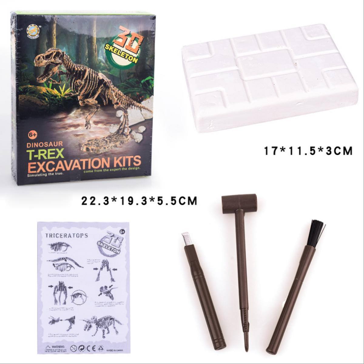 3D SKELETON  
6+  
DINOSAUR T-REX EXCAVATION KITS  
Simulating the true design from the expert design.  

17*11.5*3CM  
22.3*19.3*5.5CM  

TRICERATOPS  
SKELETON  

WARNING  
CE