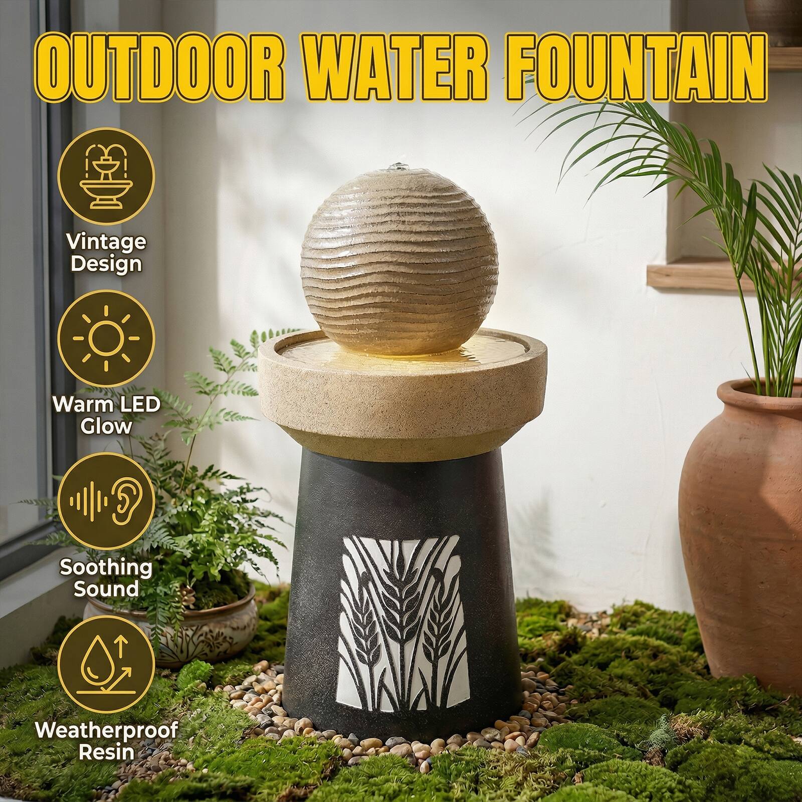 OUTDOOR WATER FOUNTAIN

- Vintage Design
- Warm LED Glow
- Soothing Sound
- Weatherproof Resin
