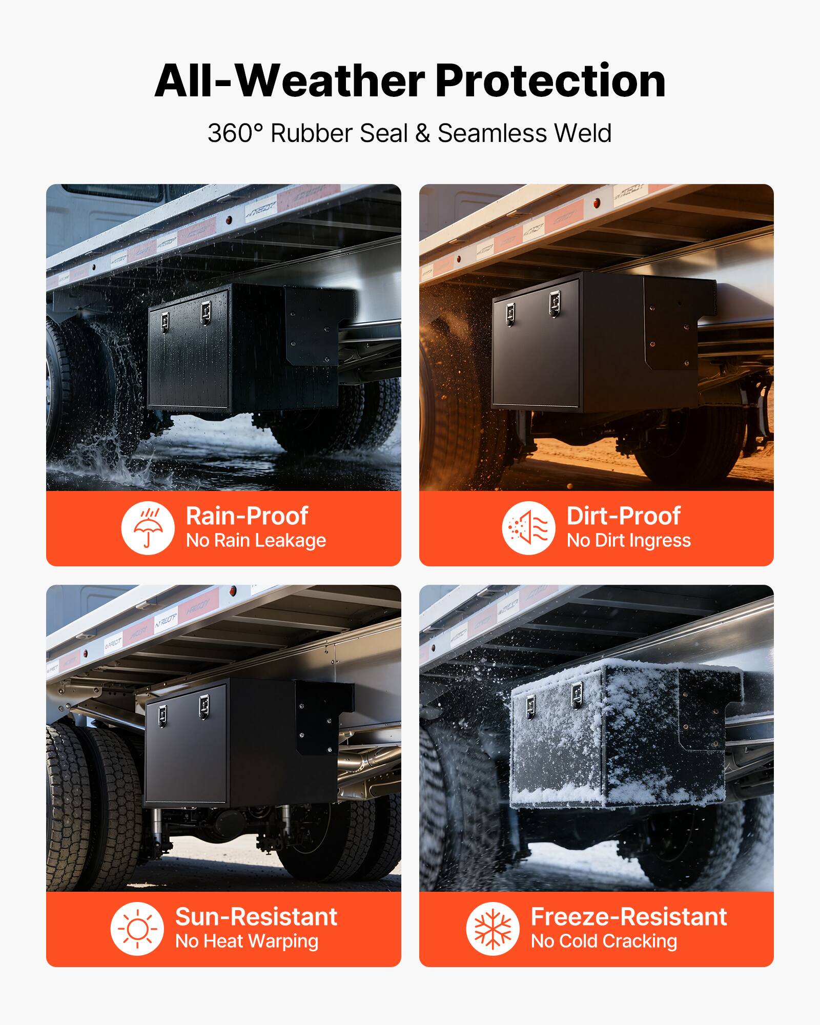 All-Weather Protection  
360° Rubber Seal & Seamless Weld  

- Rain-Proof  
  No Rain Leakage  

- Dirt-Proof  
  No Dirt Ingress  

- Sun-Resistant  
  No Heat Warping  

- Freeze-Resistant  
  No Cold Cracking