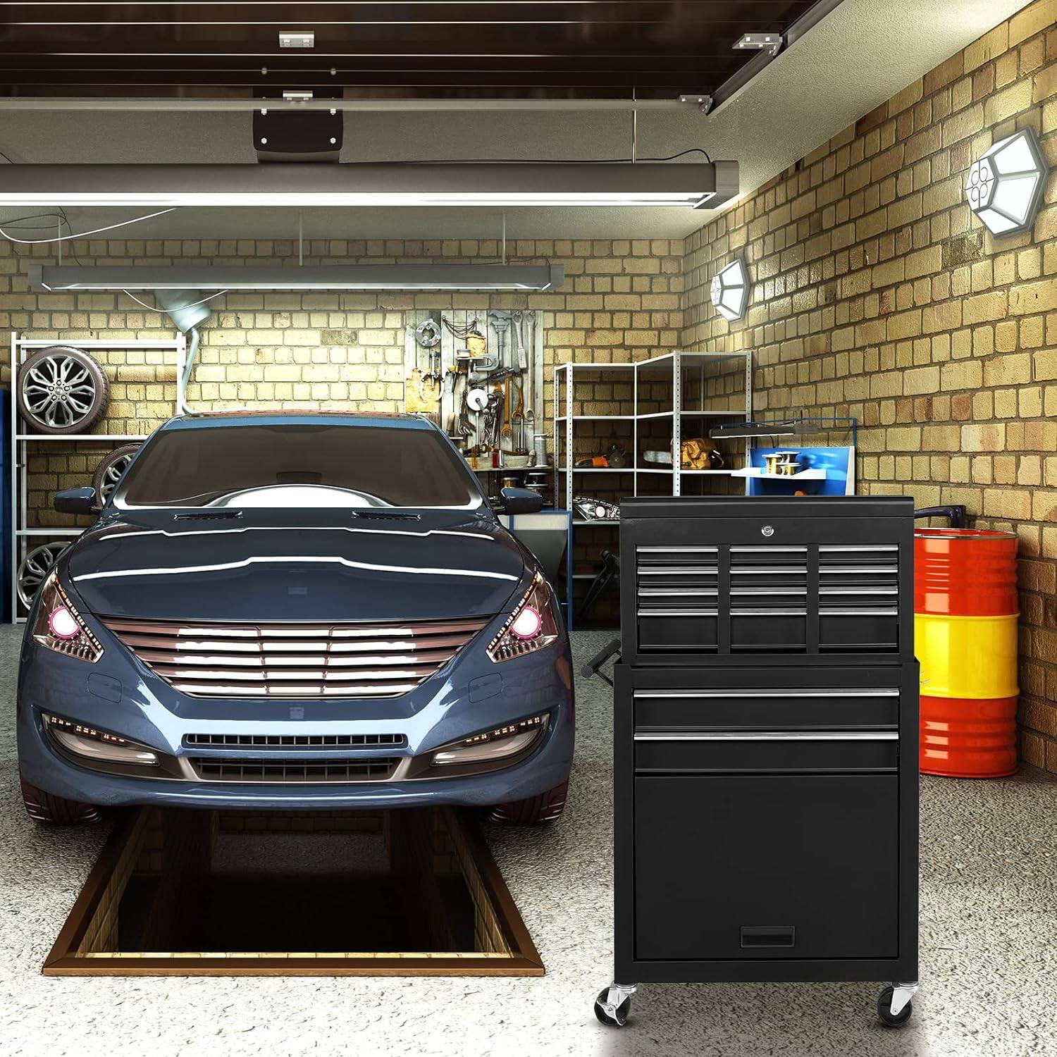 Angle. Winado - 8-Drawer Lockable Rolling Tool Chest Tool Storage Cabinet with Drawer Liner - Black.