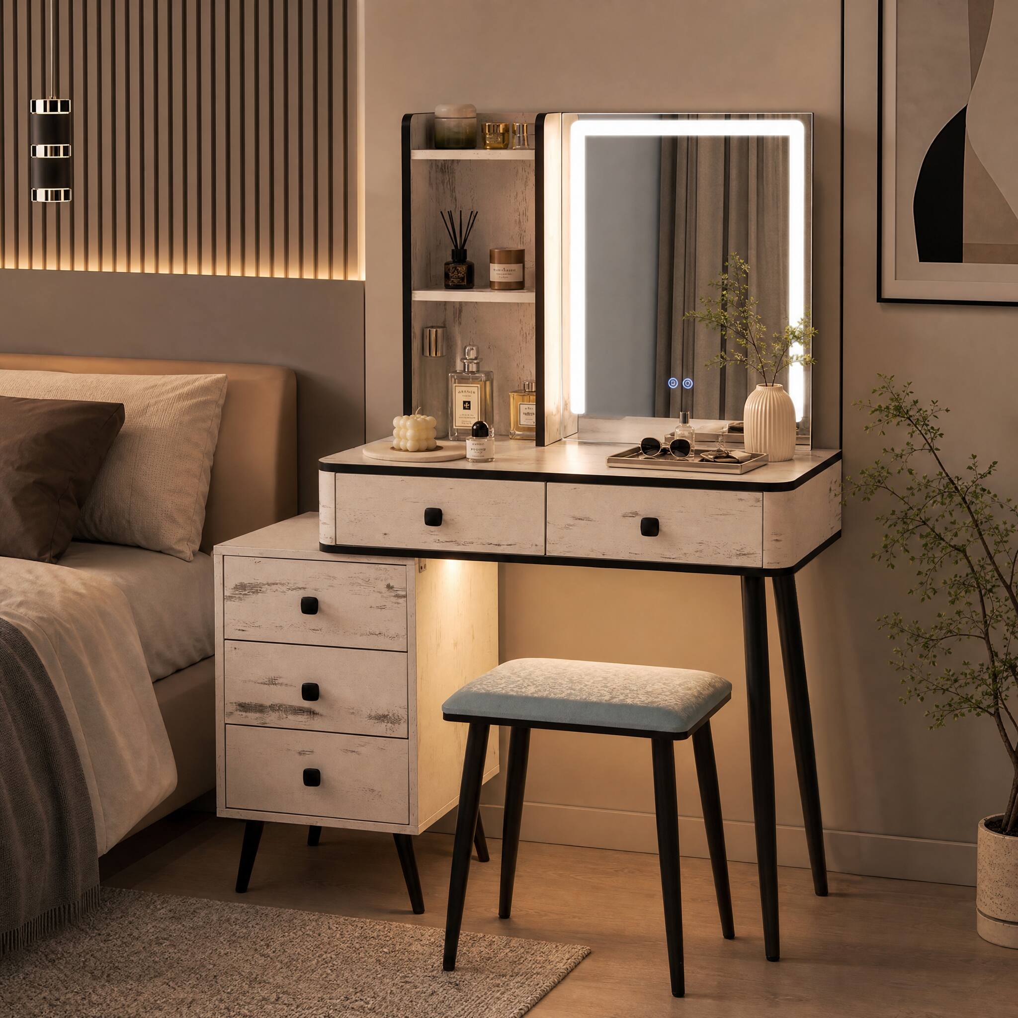 Angle. WELLFOR - Vanity Makeup Table Set with Lighted Mirror & 5 Drawers, Makeup Vanity Storage Shelves & Cushioned Stool for Girls - White.