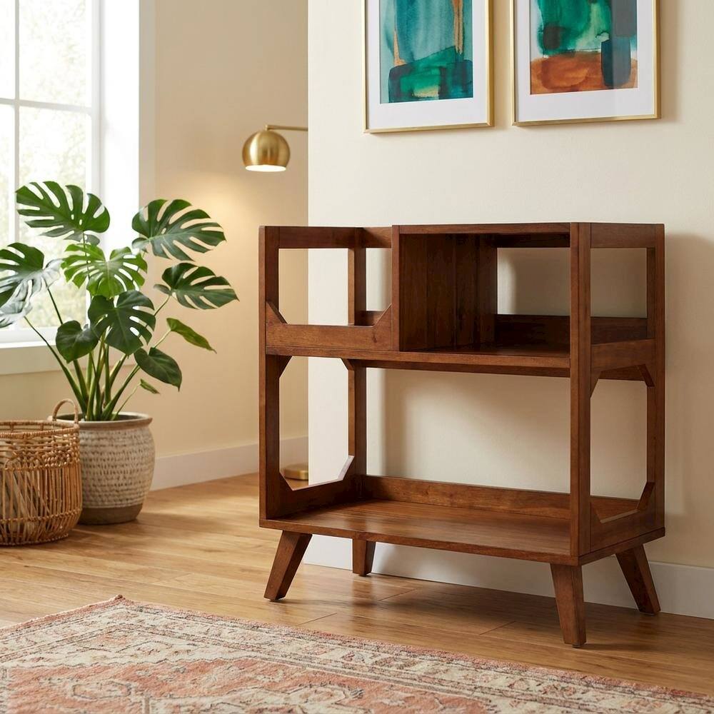 Alt View 5. FurniFact - Brown Walnut Record Player Stand, Rubberwood Veneer Vinyl Storage - Walnut.