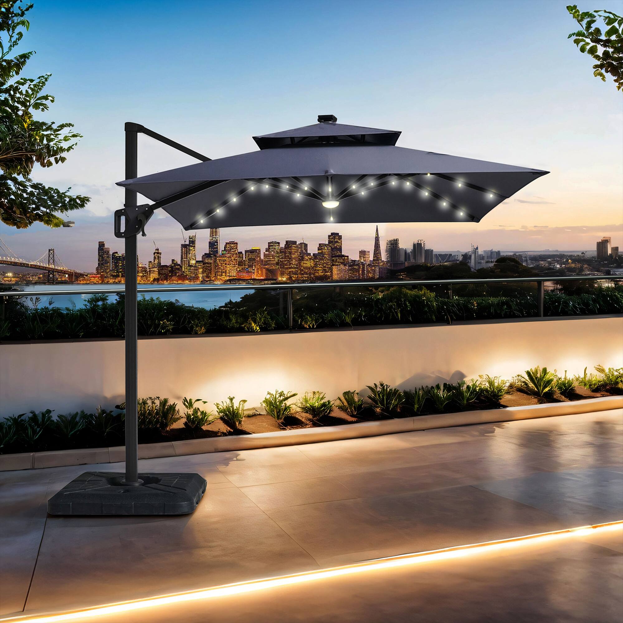 Left. Vaczon - 8ft Patio Market Umbrella with Solar LED and Base with Crank for Pool Beach Deck Backyard Light - Gray.