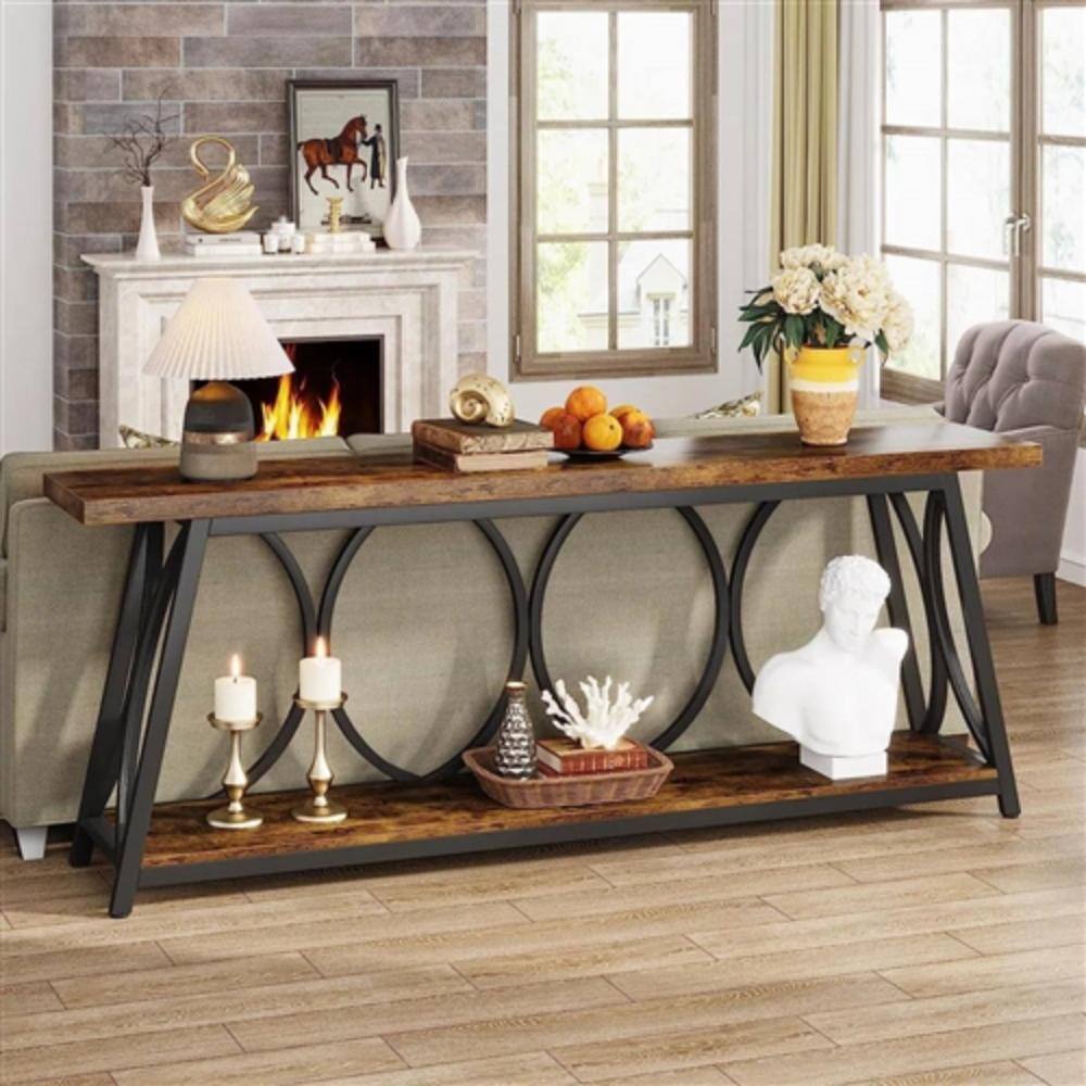 Angle. Hivvago - Industrial 70-in. Brown Wood Top Console Table with Heavy Duty Black Metal Frame - Brown, Black.