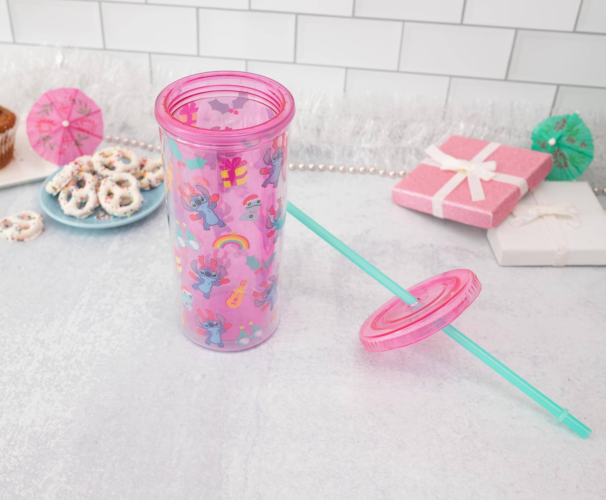 Alt View 3. Silver Buffalo - Disney Lilo & Stitch Christmas Stitch 20-Ounce Carnival Cup With Lid and Straw - Pink.